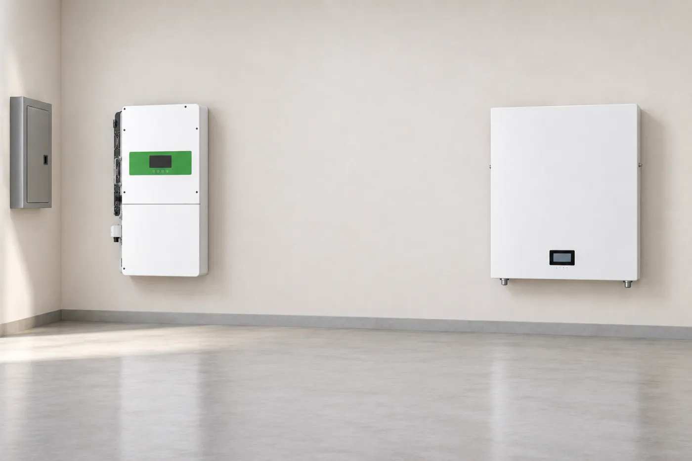 Illustration of a wall-mounted inverter and battery cabinet in a utility room.