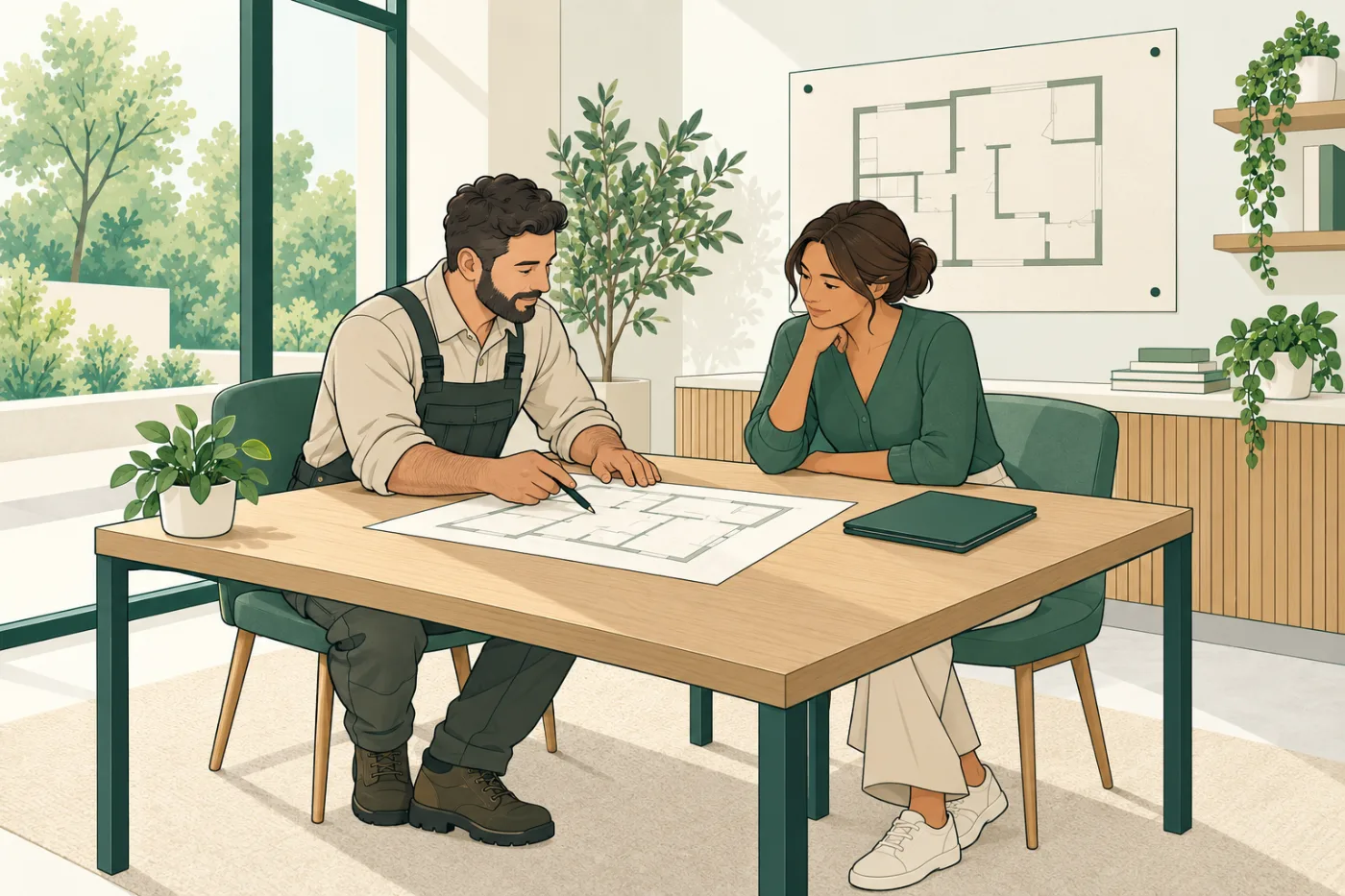 Illustrated project professional and business owner reviewing a floor plan together.