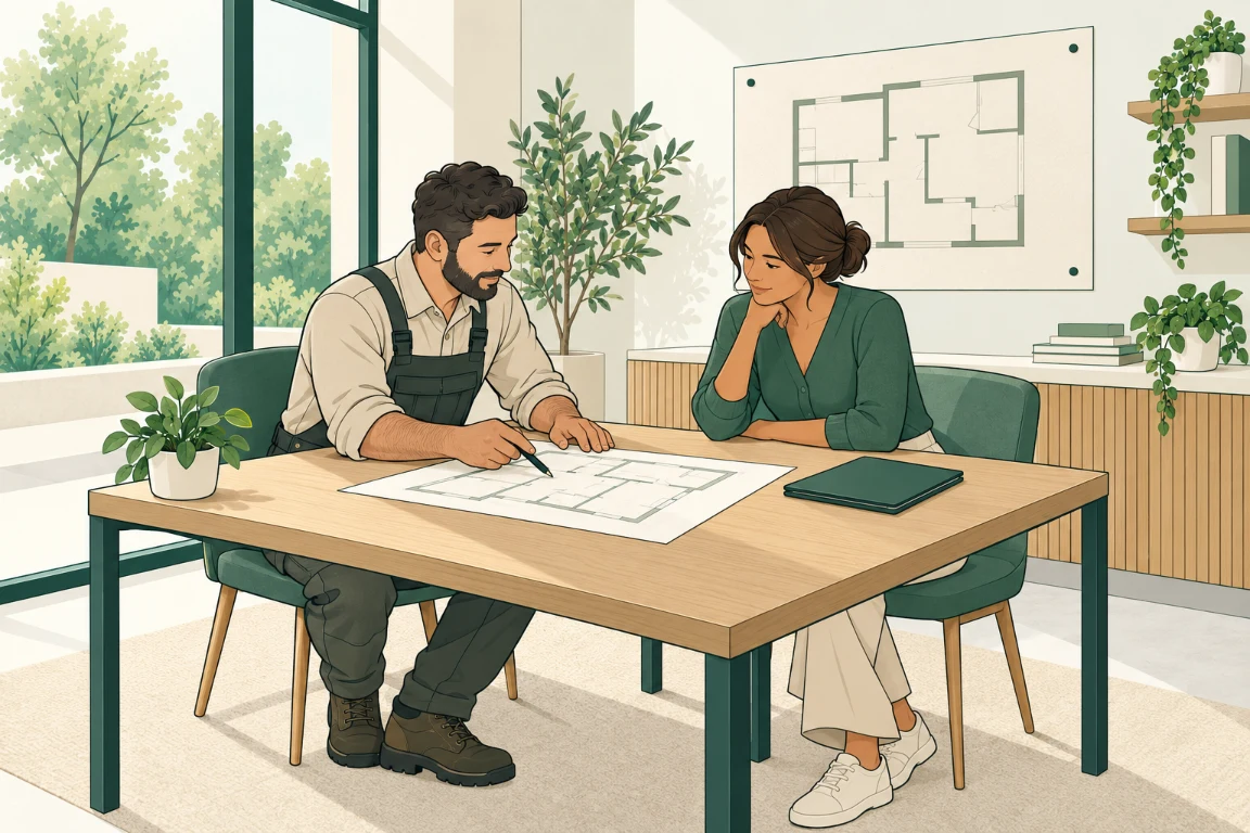 Illustration of an electrical contractor and a business owner reviewing a floor plan together in a daylit office.